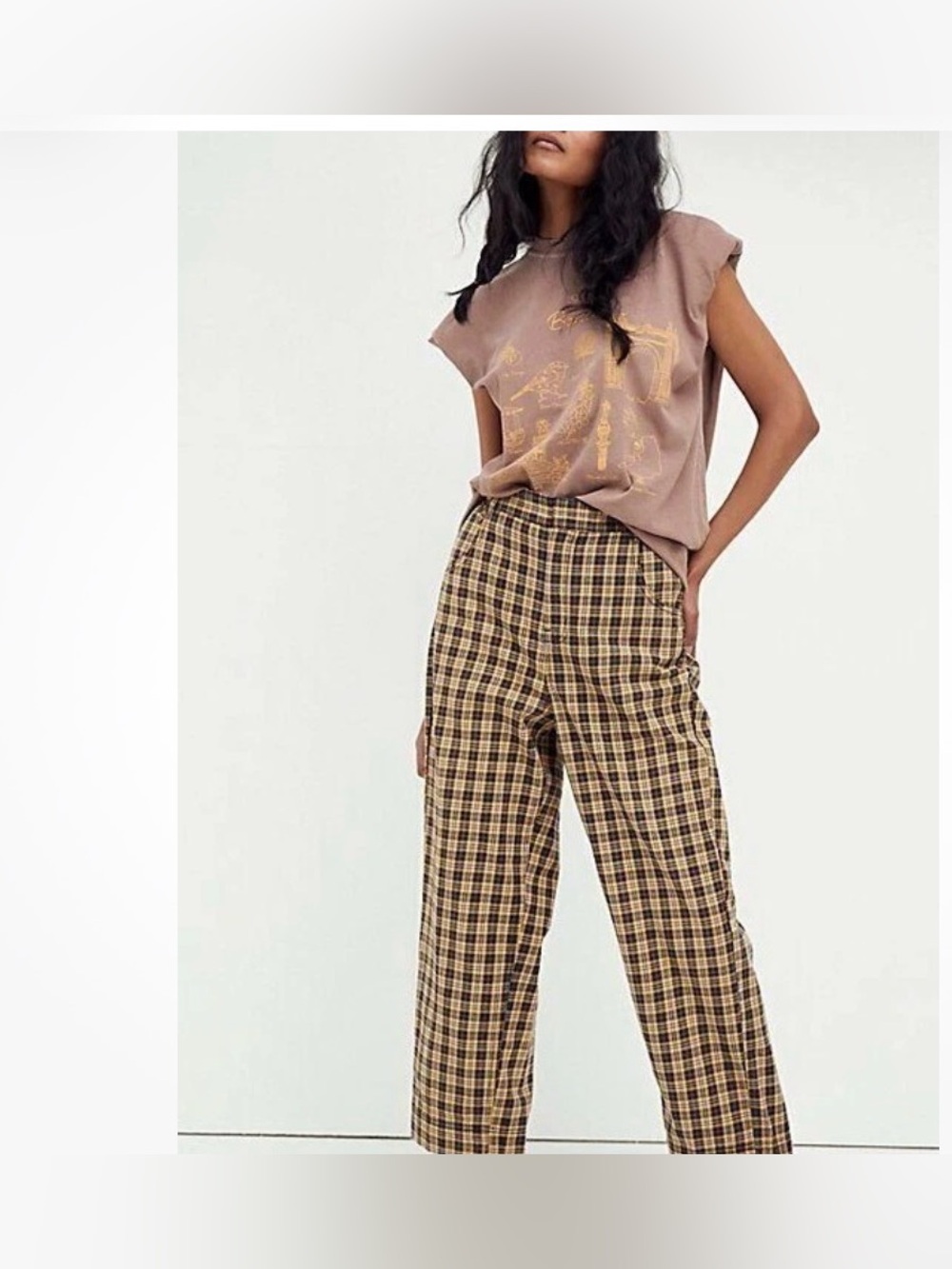 Free People Womens Size 8 Clueless Plaid Pants Yellow Blue Checkered 100% Cotton